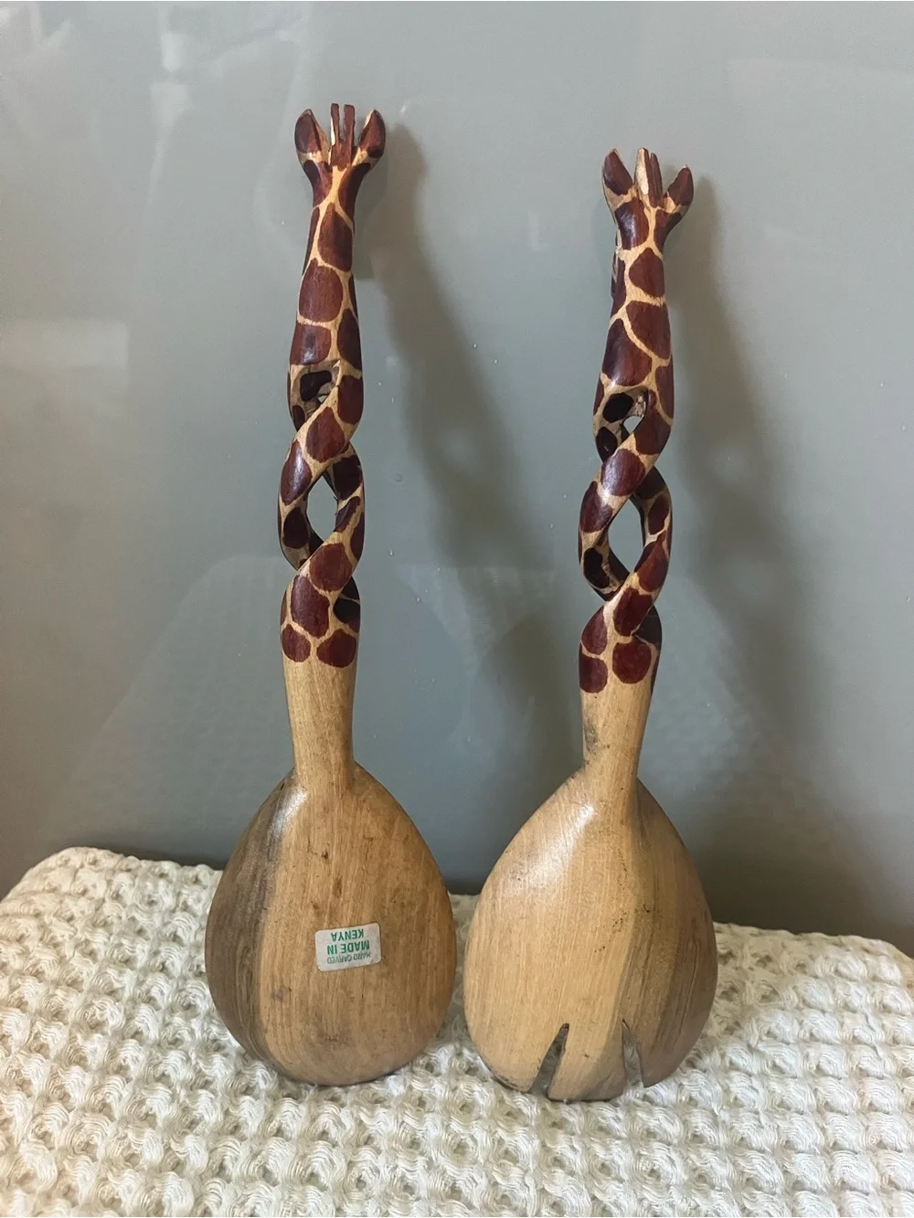 Hand-Carved Giraffe Wooden Salad Servers - Brown 12” 517